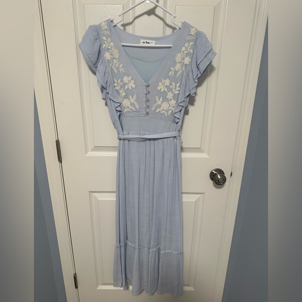 In Loom blue and white dress from Pink Blush. Only warn once.